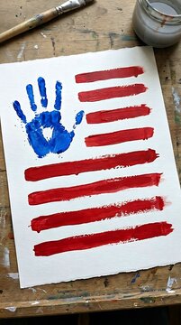 Handprint american flag painting on paper with brush and water jar