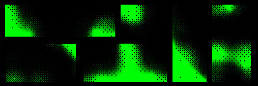 Set of bitmap pixel background with green gradient pattern and 8bit art. Glitch video game design.