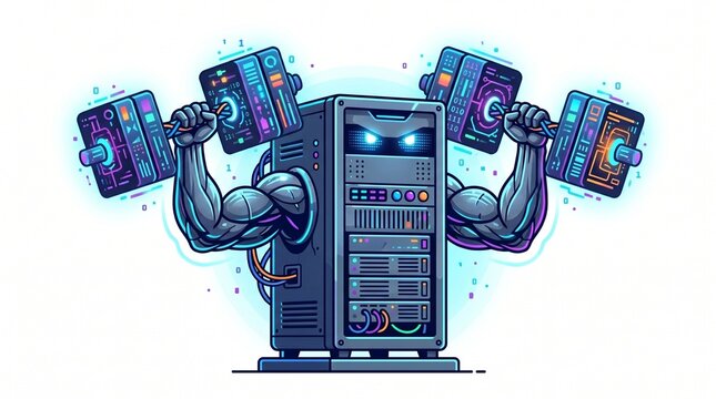 Powerful Data Server Character with Muscular Arms Lifting Heavy High-Tech Barbells, High Performance Computing and Web Hosting Power Concept, Flat Vector Illustration Isolated on White