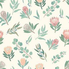 Fototapeta premium Seamless botanical pattern with pink protea flowers and green eucalyptus branches
