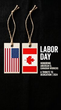 Labor day tags with american and canadian flags on black background