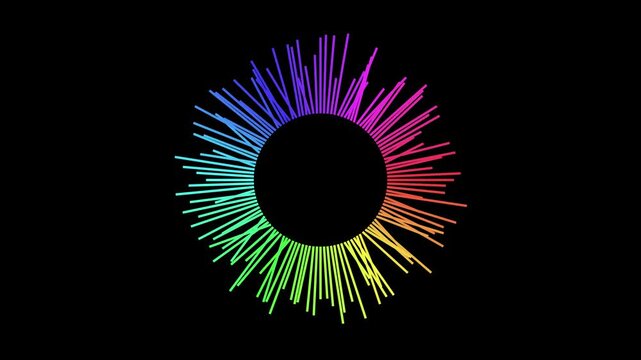 Vibrant circular audio spectrum visualizer, colorful sound wave pulse animation on black background