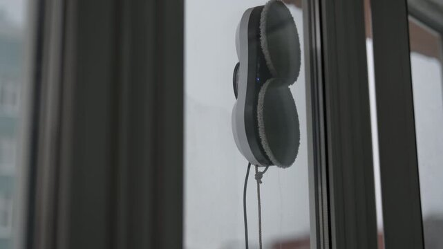 Close-up of smart home technology concept of automated cleaner robot moving on large window pane, innovative solution for domestic chores and maintaining spotless living space, slow motion.