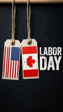 Two hanging tags with usa and canada flags, labor day text overlay
