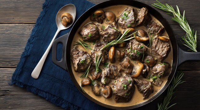 Un rago&ucirc;t dans une po&ecirc;le en fonte noire contenant des morceaux de viande de b&oelig;uf, des champignons, du romarin, accompagn&eacute; d'une sauce cr&eacute;meuse, sur une table en bois, vue en gros plan et en plong&eacute;e.