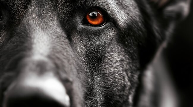 Le portrait d'un chien de race berger allemand, pelage sombre, vue en gros plan, vue de face, faible profondeur de champ.