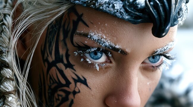 Une femme viking aux yeux bleus, aux cheveux blonds avec tresses portant un tatouage tribal sur le visage avec des flocons de neige sur les sourcils, vue portrait en gros plan.