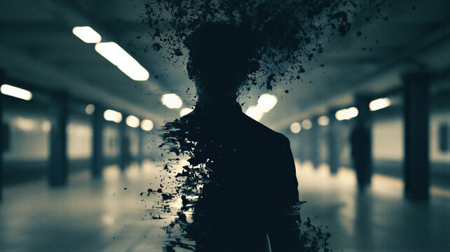 Silhouette of a man disintegrating into particles in a dark subway tunnel. Crisis of mental health, psychological burnout, and loss of identity. Concept of internal struggle and stress.