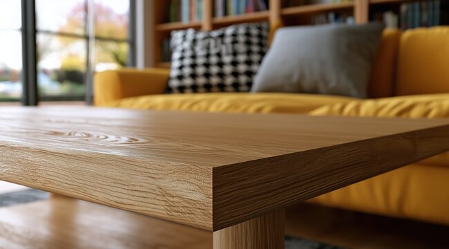 Une table basse en bois avec un arri&egrave;re-plan flou comprenant un canap&eacute; jaune avec des coussins et une biblioth&egrave;que dans un salon lumineux.