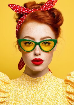 Une jeune femme &agrave; la peau claire, avec des taches de rousseur, des cheveux roux relev&eacute;s avec foulard rouge &agrave; pois blanc, portant des lunettes vertes sur un fond jaune uni, portrait en gros plan.