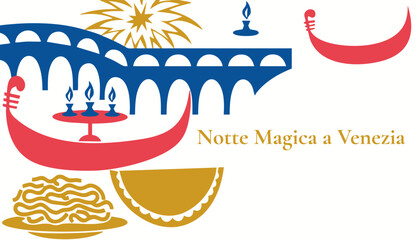 Festa del Redentore horizontal banner with pontoon bridge, gondola feast and fireworks — greeting card template © Aleksandr