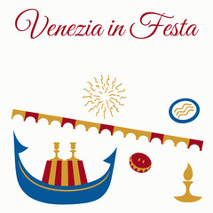 Festa del Redentore celebration with gondola feast, pontoon bridge and fireworks over lagoon — greeting card template © Aleksandr