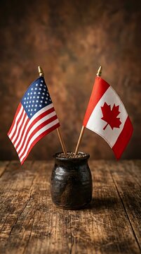 American and canadian flags in a dark ceramic pot on wood surface