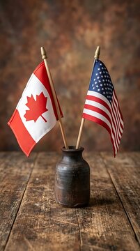 Canadian and american flags in a dark ceramic vase on wood surface