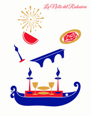 Venice lagoon festival with vertical flow from gondola to bridge to fireworks — digital greeting template © Aleksandr