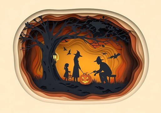 Intricate Multi-Layered Papercut Silhouette of a Spooky Halloween Scene Featuring a Glowing Jack-o-Lantern and Witch rdumdo6hp