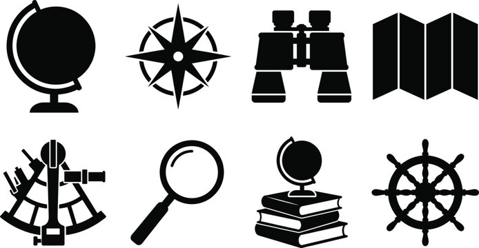 Set of black and white vector icons featuring navigation, exploration, and geography tools