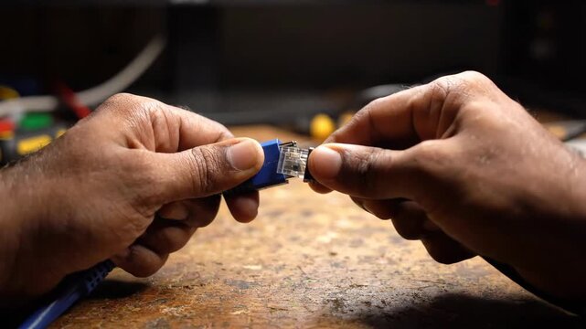 Hands connecting computer network cable close up showing blue connector technology communication device wooden surface with blurred background focus