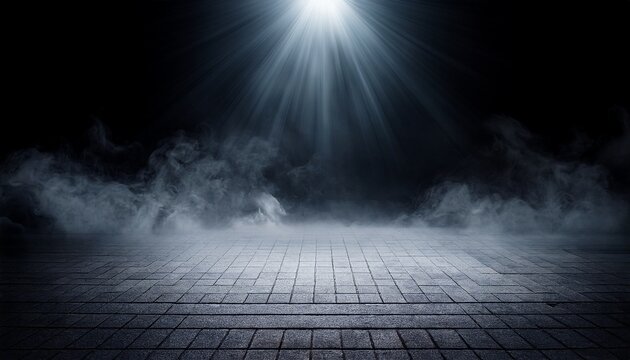 suelo de hormigon con humo o niebla en una habitacion oscura con foco calle asfaltada fondo negro