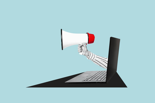hand holding a megaphone from laptomonitor on a isolated free background with clipping path
