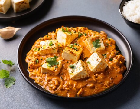 shahi paneer butter paneer with cumin rice overhead view