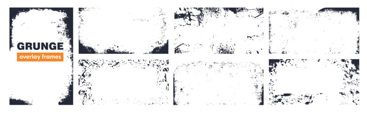 Set of black grunge overlay frame and background with grime and rugged effect. Border vintage texture collection.