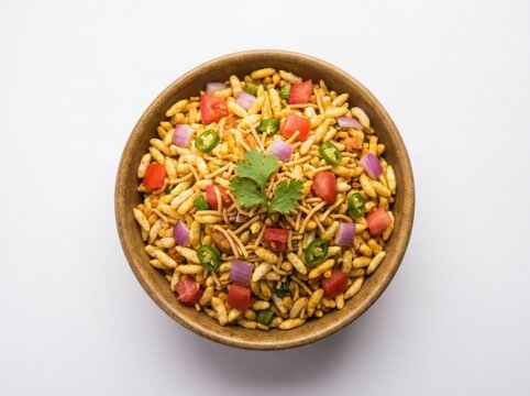 Bhel puri, a popular indian street food snack made with puffed rice, vegetables, and tangy chutneys, served in a bowl