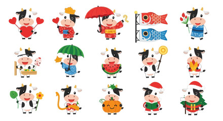Fototapeta premium Set of cute cartoon cows in various seasonal outfits and activities