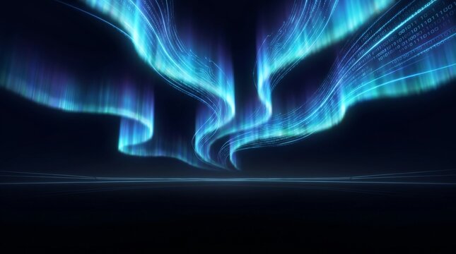 Abstract Digital Aurora with Binary Code and Data Streams
