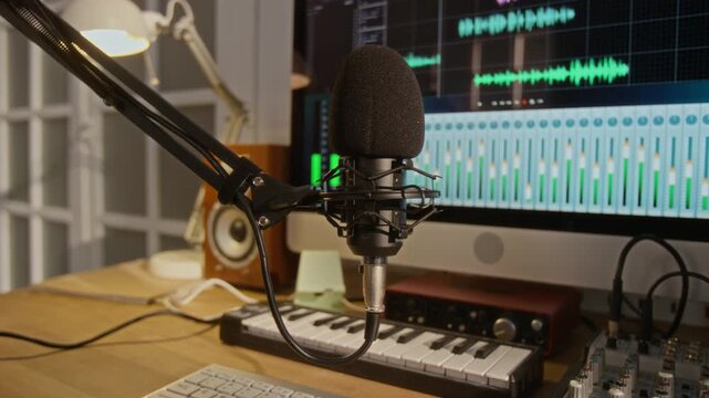 Professional condenser microphone standing on desk in home recording studio with audio editing software running on computer screen. Video for promoting podcasting or amateur music production
