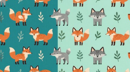 Fototapeta premium Playful animal pattern features foxes wolves amid foliage. Seamless design uses orange grey green hues. Perfect wallpaper fabric kids room decor textile print. Cute illustration suits baby nursery