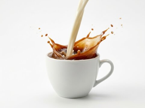 Milk pouring into a cup of coffee creating a dynamic splash isolated on white background