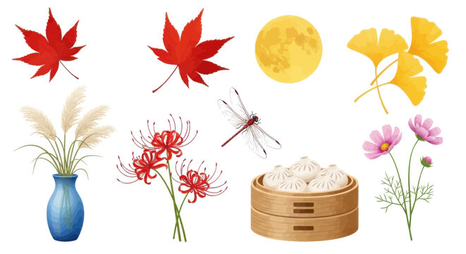 Set of autumn elements including maple leaves, ginkgo, moon, and flowers