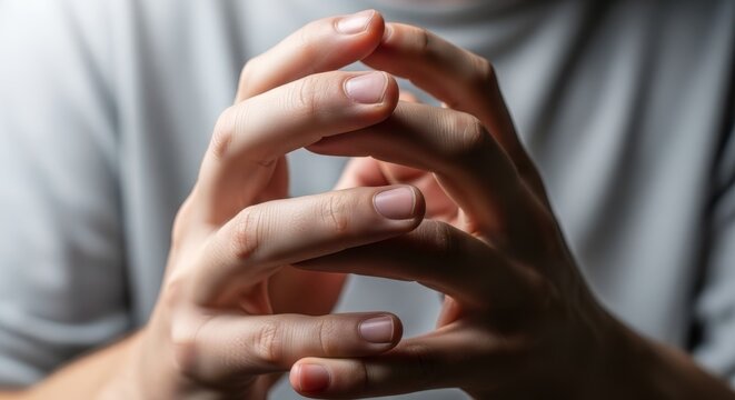 Close up of clasped and intertwined hands. Person holding fingers together in a contemplative or anxious gesture. Detail of human hands resting