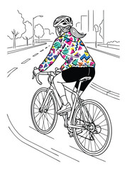 Obraz premium Woman cycling on city road wearing colorful geometric jacket vector illustration