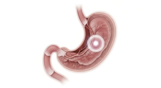 Medical illustration of human stomach anatomy with glowing pain spot. Gastric ulcer or targeted medicine concept on white background. Cross section diagram of digestive system organ