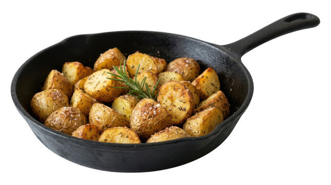 Roasted potatoes with rosemary in a cast iron skillet isolated on transparent background