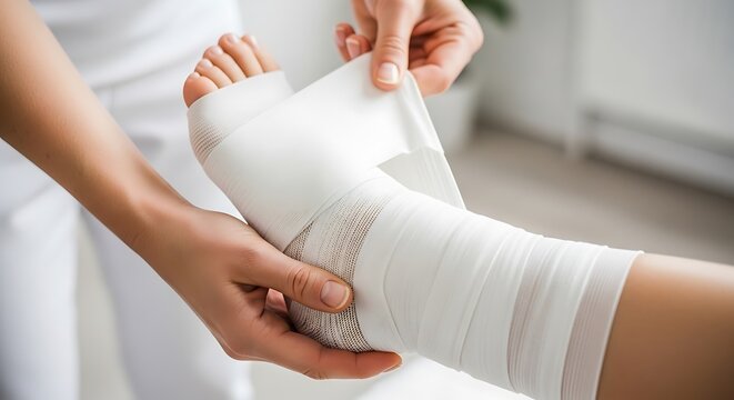Applying medical tape to a wrapped ankle