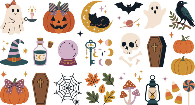 Set of cute hand drawn halloween elements including pumpkins ghosts black cat skull witch hat raven and autumn leaves for festive holiday design