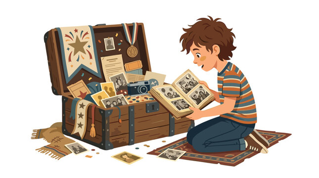 Boy Looks Through Old Photo Album From Treasure Chest
