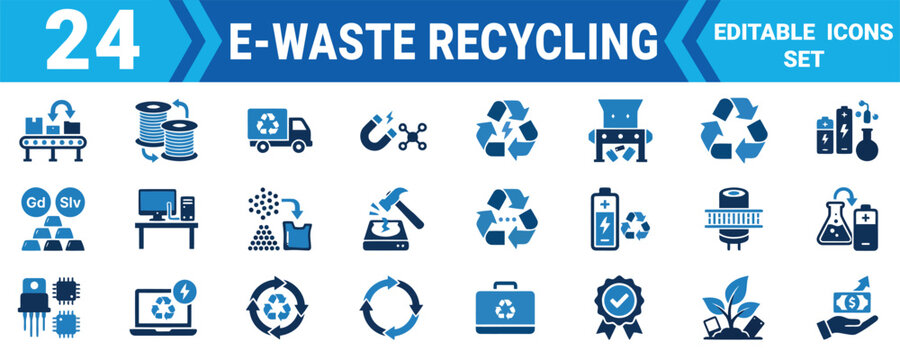 Set of twenty four e-waste recycling icons featuring electronic devices and industrial processing equipment in blue style Vector