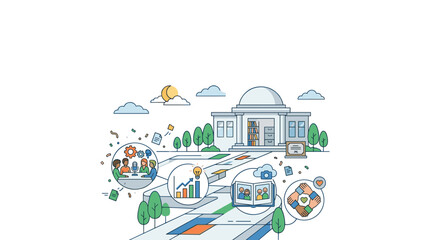 Fototapeta premium Illustration of a learning journey with a central building and various icons representing education and collaboration