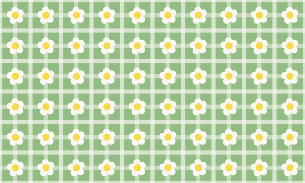 Seamless gingham pattern with cute daisy flowers, pastel green checkered floral background