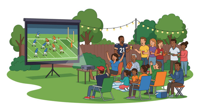 Friends and family watch American football game on projector screen outdoors