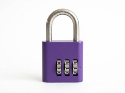 A purple combination padlock with the numbers 314 set on the dials isolated on white background