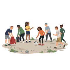 Fototapeta premium Diverse group of young people playing soccer outdoors on a sunny day