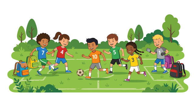 Diverse group of children playing soccer on a grassy field with backpacks nearby
