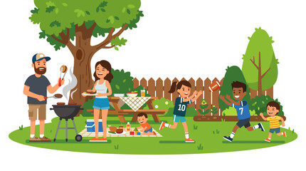 Naklejka premium Family enjoying a summer barbecue in the backyard with kids playing games