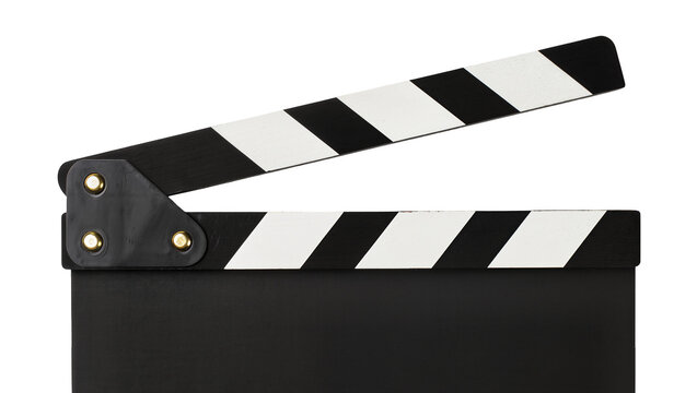 Isolated movie film clapperboard slate, open with classic black and white stripes, ready for action.