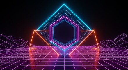 Naklejka premium Futuristic neon grid with geometric shapes